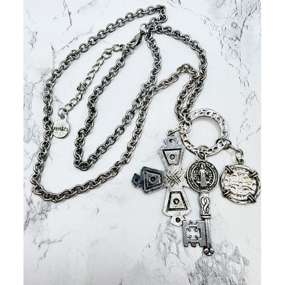 West & Co Chunky Silver Tone Cross Key Medallion Charm Necklace 27 Inch